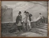 Monogram A.S., Figuren op vestingswal, Sepia op papier