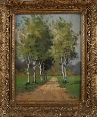 Monogram H.W.E., Zandpad met berkenbomen, Olieverf op paneel