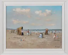 C. van Vugt, Strandgezicht met vele figuren, Olieverf op paneel