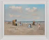 C. van Vugt, Strandgezicht met vele figuren, Olieverf op paneel