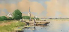 Riviergezicht met boot by G. van Jeveren, Gemengde techniek op papier, sold Jun 2019