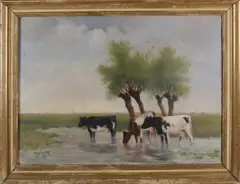 P. ter Hoeven, Koeien bij drenkplaats, Olieverf op linnen