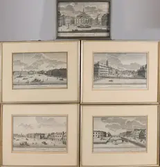 J.J. Bruun, Stadsgezichten Kopenhagen (5x), Vijf stuks 18e eeuwse gravures stadsgezichten Kopenhagen