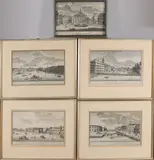 J.J. Bruun, Stadsgezichten Kopenhagen (5x), Vijf stuks 18e eeuwse gravures stadsgezichten Kopenhagen
