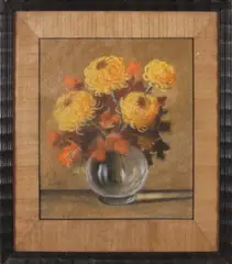 J. de Vries, Glazen vaas met bloemen, Pastel op papier