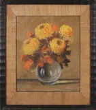 J. de Vries, Glazen vaas met bloemen, Pastel op papier