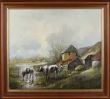 F.A. van Mourik, Landschap met boerderij en koeien, Olieverf op linnen