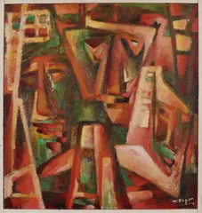 Ton Pape, Abstracte figuratieve voorstelling, Olieverf op paneel