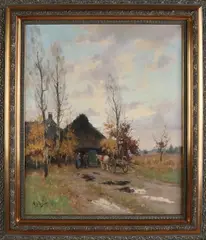 Adrianus Zwart, Landschap met schuur, boerenpaar en kar, Olieverf op linnen