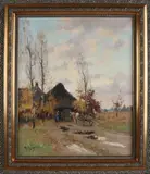 Adrianus Zwart, Landschap met schuur, boerenpaar en kar