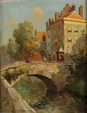 Jan Simon  Knikker, Stadsgezicht met figuren op brug, Olieverf op linnen