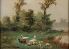 J. Damstra, Eendenfamilie aan waterkant, Olieverf op linnen