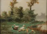 J. Damstra, Eendenfamilie aan waterkant, Olieverf op linnen