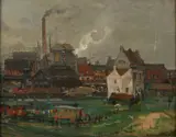 Stadsrand met zigeunerkamp by Onduid. gesig., Olieverf op paneel, sold Apr 2019
