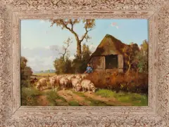 M. Nefkens, Landschap met schaapskooi, Olieverf op linnen