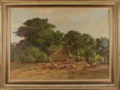 Anthony Keyzer, Drentse boerderij met herder en schapen, Olieverf op linnen