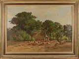 Anthony Keyzer, Drentse boerderij met herder en schapen, Olieverf op linnen
