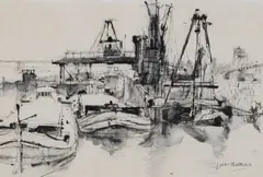 Jan Korthals, Havengezicht, Oost-Indische inkt op papier