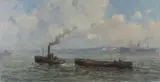 G. Wiegman, Sleepboot met aak in Rotterdamse haven, Olieverf op linnen