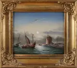 Boten bij vuurtoren by Onduid. gesig., Olieverf op paneel, sold Apr 2019