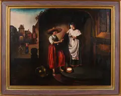 Monogram v.d. B., Stadsgezicht met figuren, Olieverf op paneel