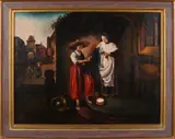Monogram v.d. B., Stadsgezicht met figuren, Olieverf op paneel