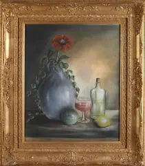 Monogram J.T.H., Stilleven met glas, Keulse fles en bloem, Pastel op papier