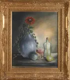 Monogram J.T.H., Stilleven met glas, Keulse fles en bloem, Pastel op papier
