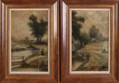 H. Caarls, 2x Landschappen met figuren, Olieverf op linnen