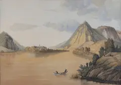 19e Eeuws aquarel, Italiaans riviergezicht, 19e Eeuws aquarel