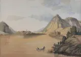 19e Eeuws aquarel, Italiaans riviergezicht, 19e Eeuws aquarel