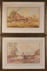 2x J. Le Blanc, 2x Landschappen met schapen, Aquarellen op papier