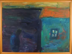 M. Rem, Verso man met huis in landschap, Olieverf op linnen