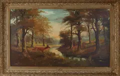 S. Schreuder, Landschap met reeën, Olieverf op linnen