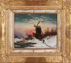 M. Poltrock, Wintergezicht met molen, Olieverf op paneel