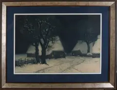 Hermann Thiele, Winterlandschap met boerderijen, Ingekleurde ets op papier