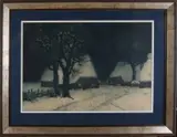 Hermann Thiele, Winterlandschap met boerderijen, Ingekleurde ets op papier