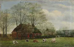 F.H. van Loon, Hollandse boerderij met koeien, Olieverf op linnen