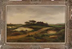 H.H. Ros, Boerderij op terp in de duinen, Olieverf op linnen