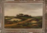 H.H. Ros, Boerderij op terp in de duinen, Olieverf op linnen