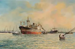 L. Scheen, Havengezicht Rotterdam, Olieverf op paneel