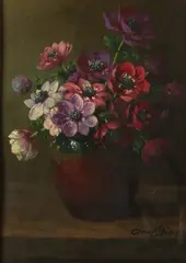 Josef Gindra, Vaas met bloemen, Olieverf op paneel