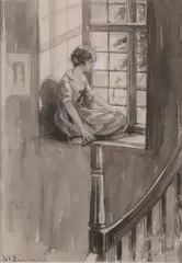 Joh. C. Braakensiek, Meisje bij venster, Aquarel op papier