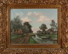 H.M. Horrix, Boerderij aan beek met vee, Olieverf op linnen
