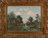 H.M. Horrix, Boerderij aan beek met vee, Olieverf op linnen