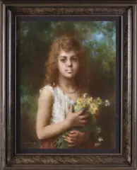 Alexei Alexeievich Harlamoff, Meisje met gele bloemen, Gemengde techniek op papier