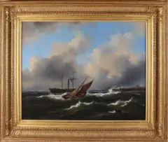 Govert van Emmerik, Stoomschip en zeilboot in storm, Olieverf op linnen