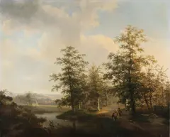 van Loesk ? 19e Eeuw, Romantisch panoramisch landschap, Olieverf op linnen