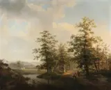 van Loesk ? 19e Eeuw, Romantisch panoramisch landschap, Olieverf op linnen
