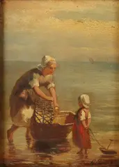 A.J. van Prooyen, Moeder en kind op strand, Olieverf op paneel